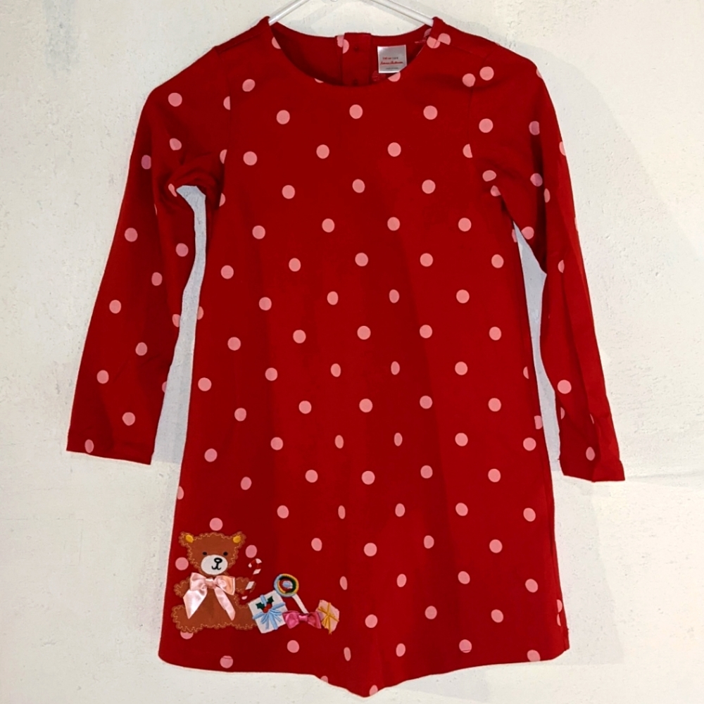 Hanna Andersson Red Polka Dot Long-Sleeve Dress with Bear Appliqué